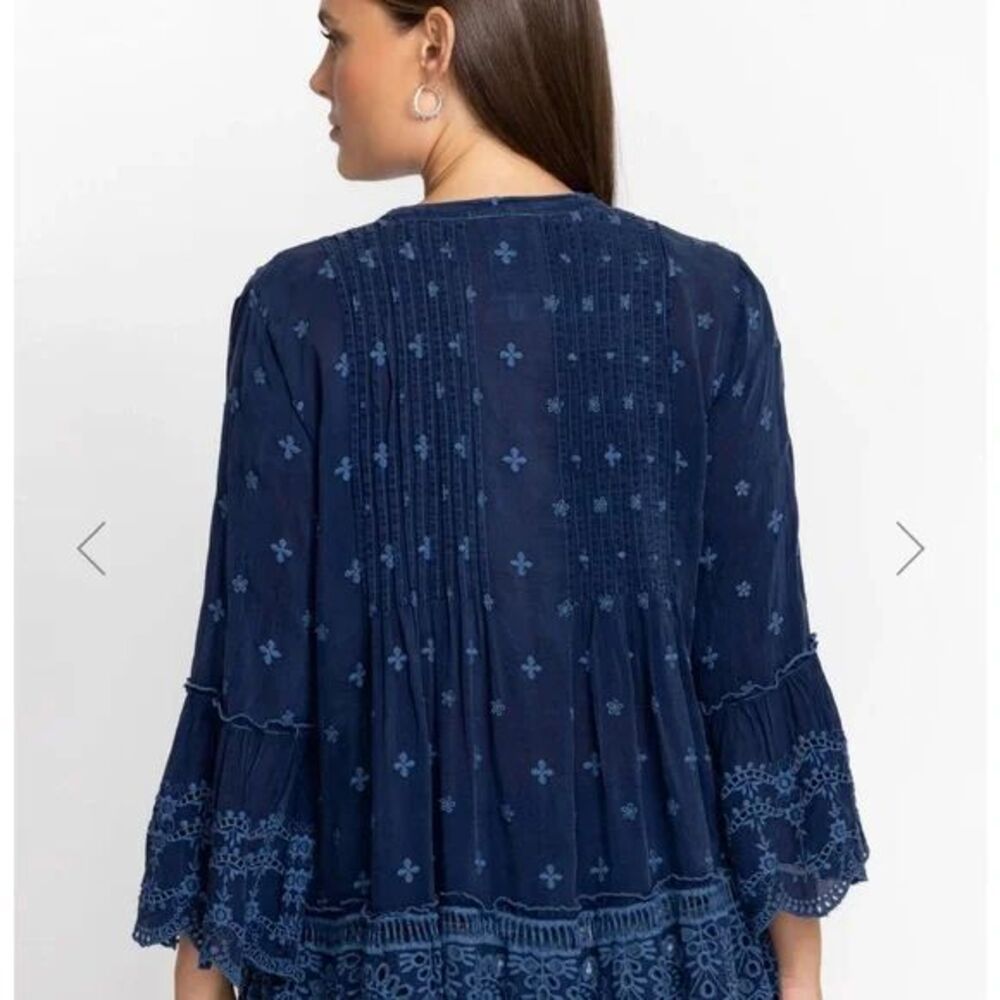 Johnny Was Manchengo Boho Navy Blue Pleated Embroidered Eyelet Tunic Size S - Picture 3 of 10